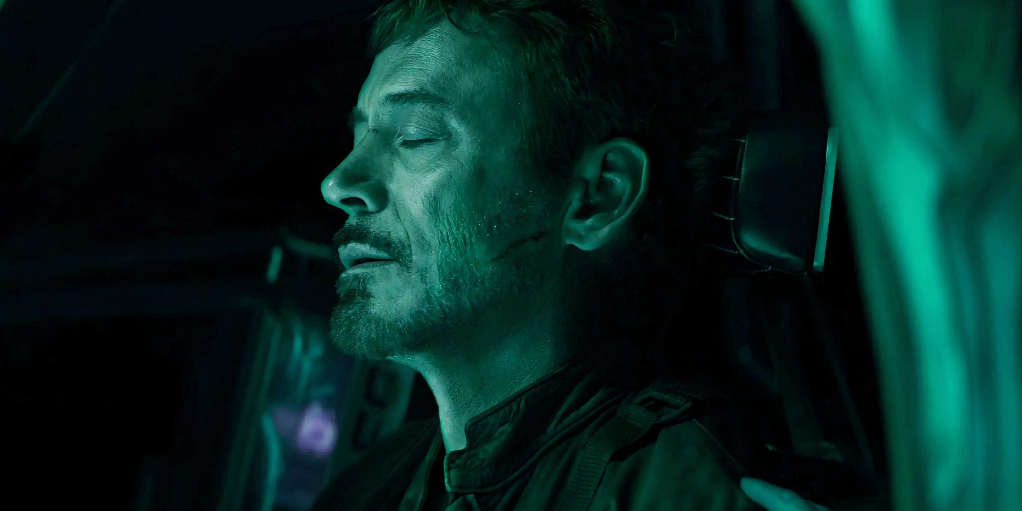 Robert Downey Jr.'s Tony Stark with his eyes closed in Avengers: Endgame