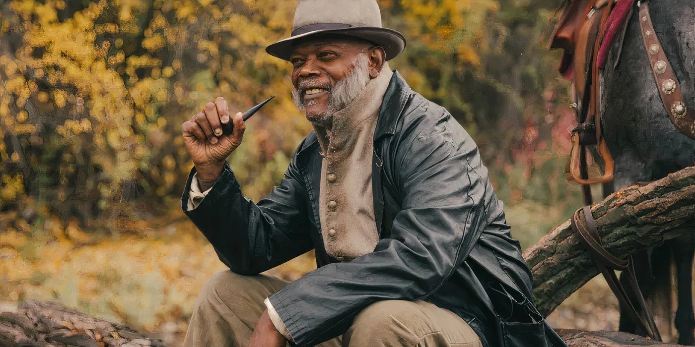 Samuel L Jackson as Saint Christopher in The Unholy Trinity, smiling while holding a pipe