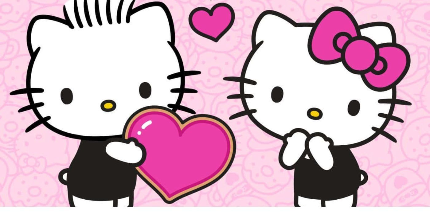 Hello Kitty e Dear Daniel tengono un grande cuore con sfondo rosa