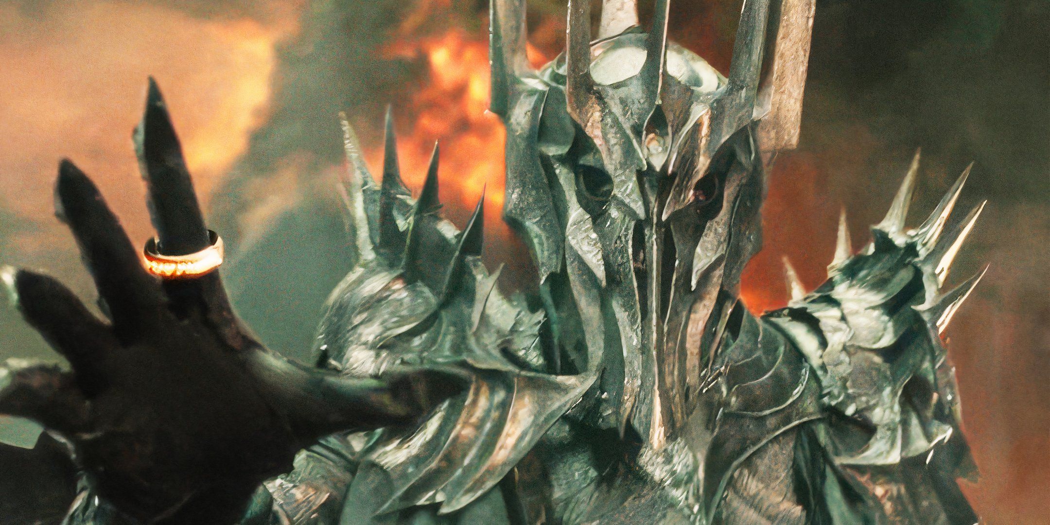 Sauron wearing the One Ring in Mordor in Lord of the Rings