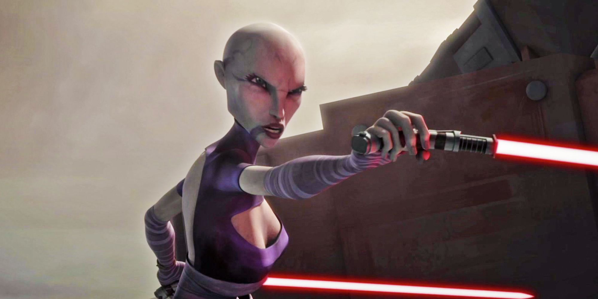 Asajj Ventress wields her two red lightsabers at the Battle of Kamino in Star Wars: The Clone Wars.