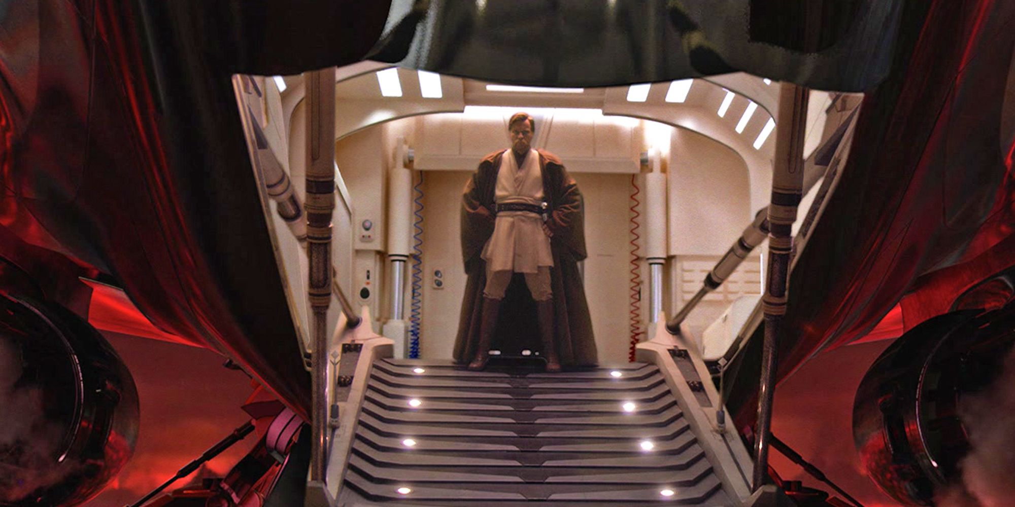 Obi-Wan Kenobi (Ewan McGregor) stands inside the open hatch of Padmé's Naboo ship on Mustafar.