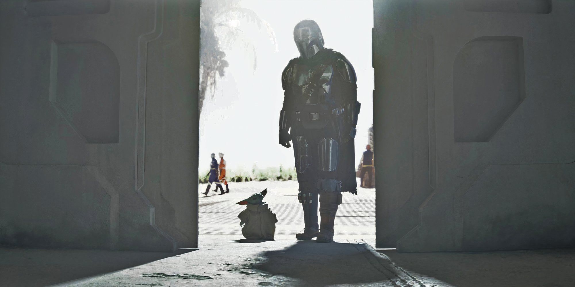 Din Djarin and Grogu walk into the Adelphi Base's leisure area in The Mandalorian season 3 finale.