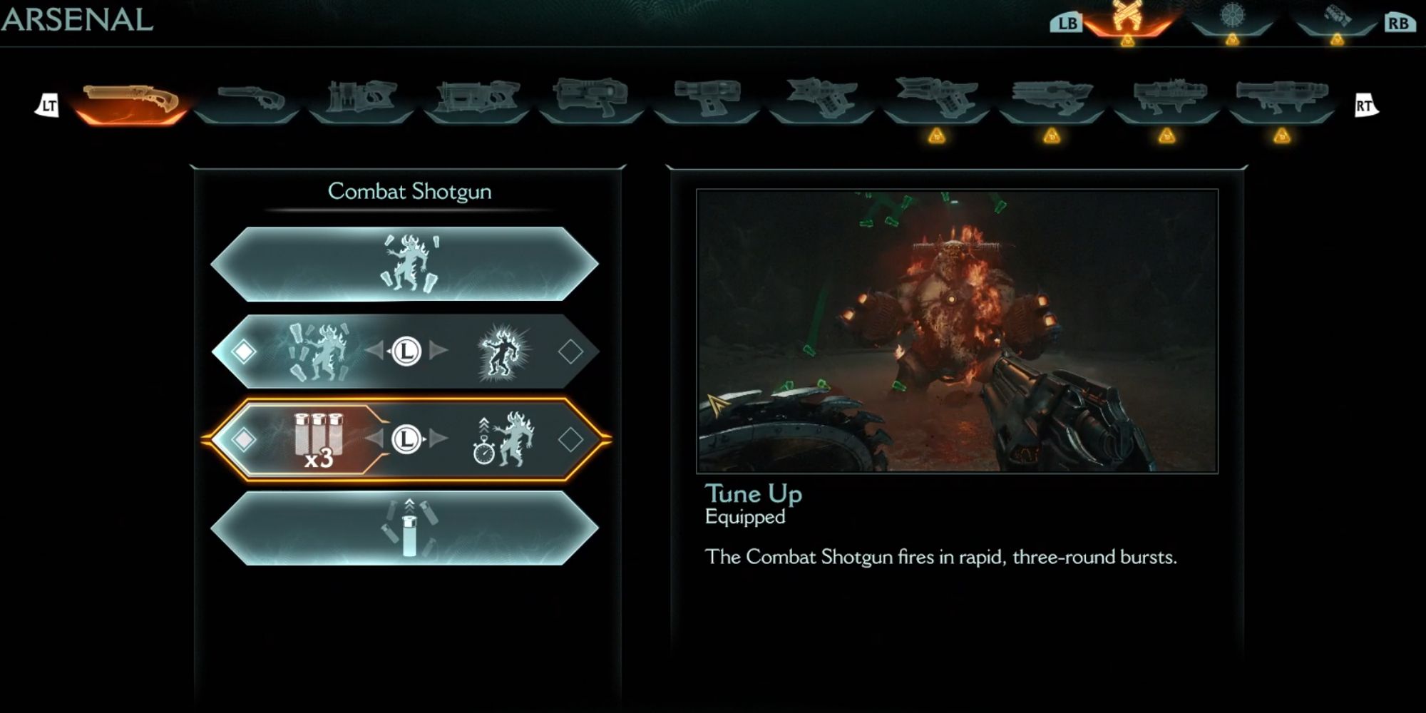 The Arsenal page showing all the weapons in Doom: The Dark Ages