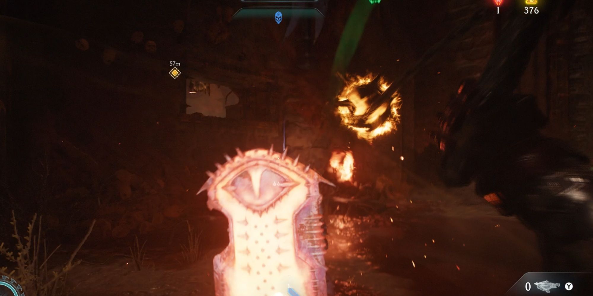 The Flail scorching an enemy's shield in Doom: The Dark Ages