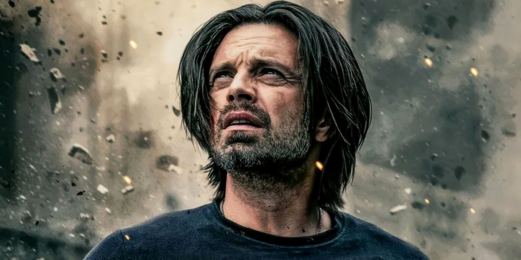 Sebastian Stan's Bucky Barnes looks up in the Thunderbolts character poster