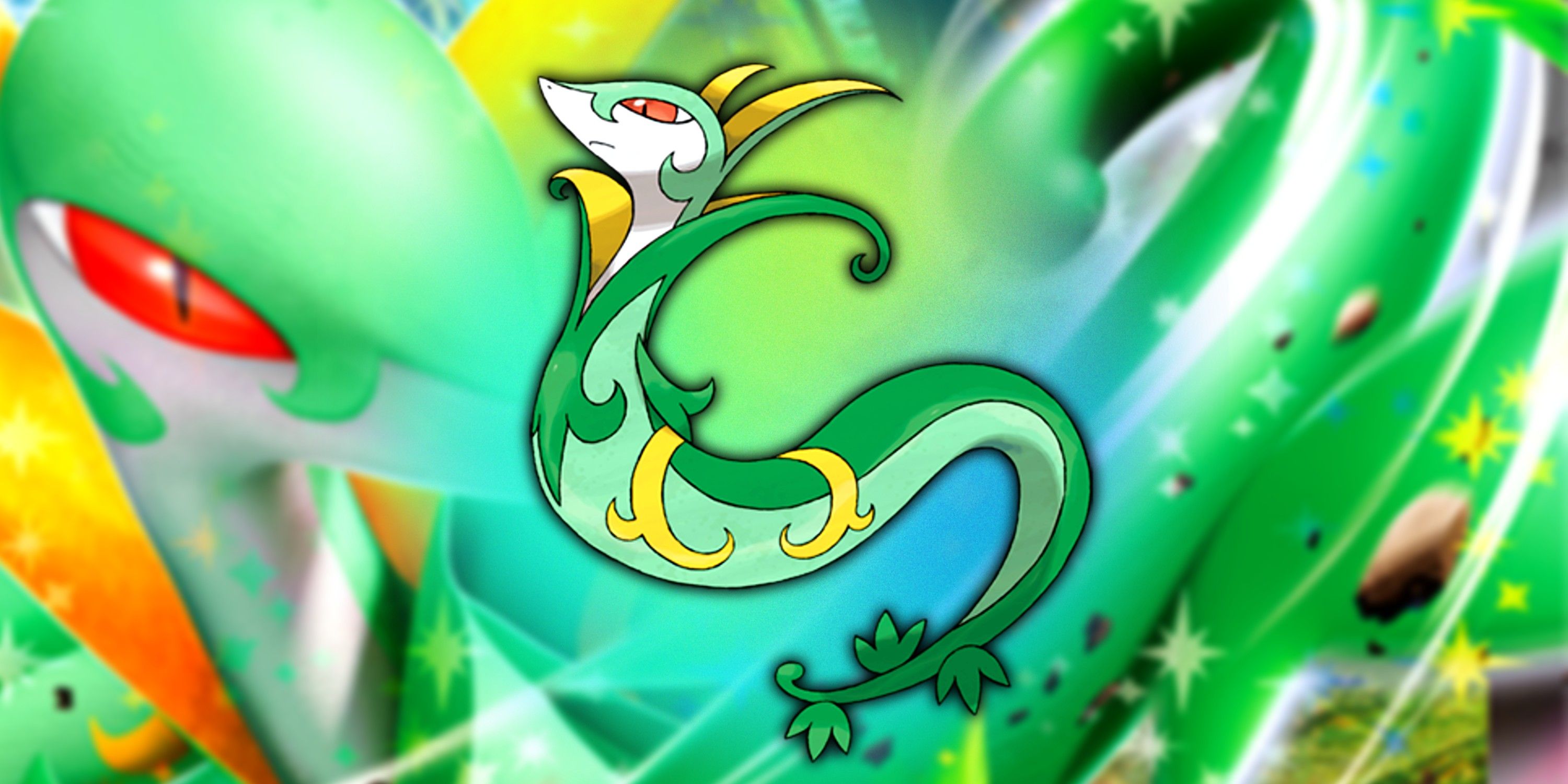 Serperior with the new pokemon tcg card art behind it
