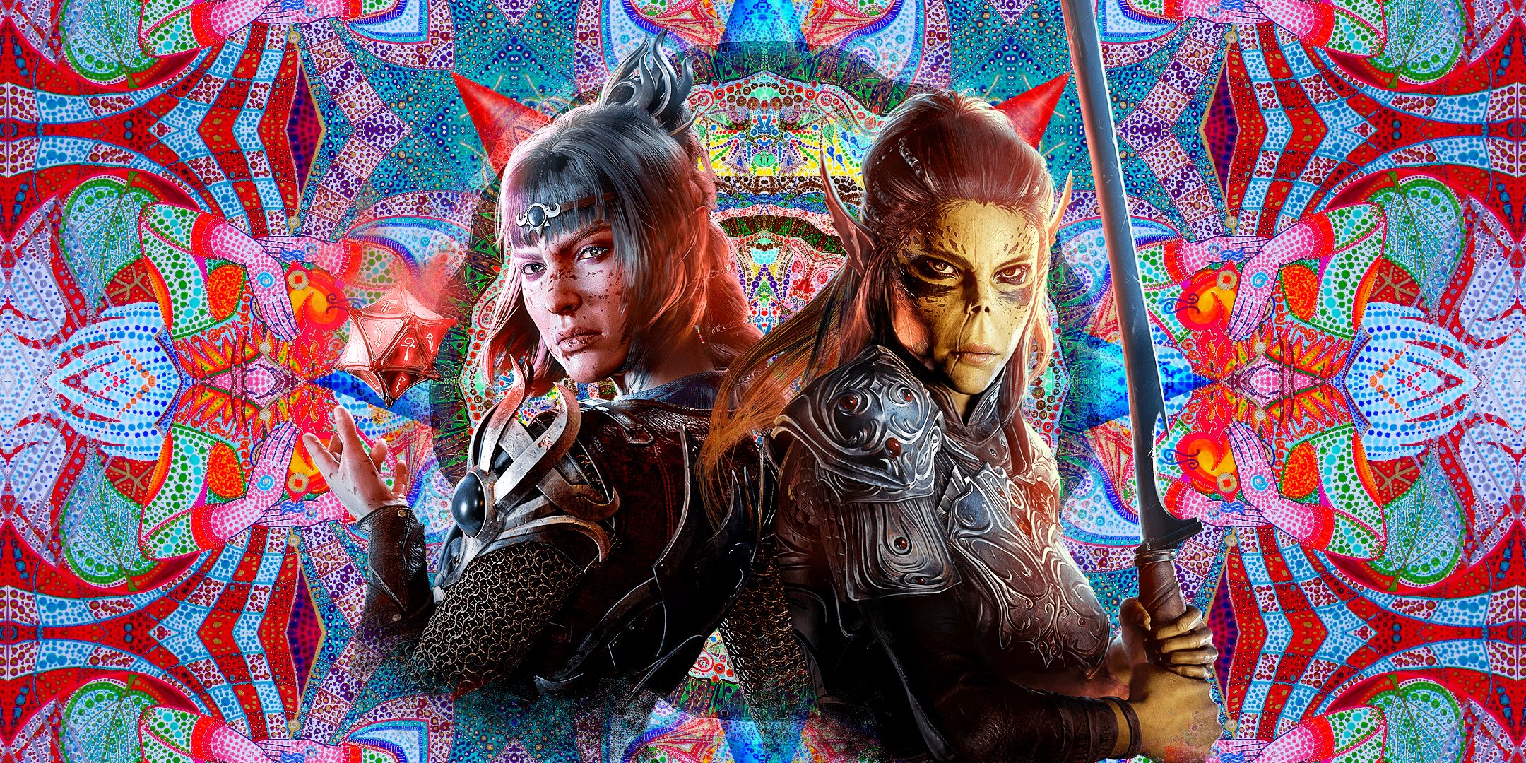 Shadowheart and La&rsquo;zel from Baldur&rsquo;s Gate 3 on a psychedelic background.