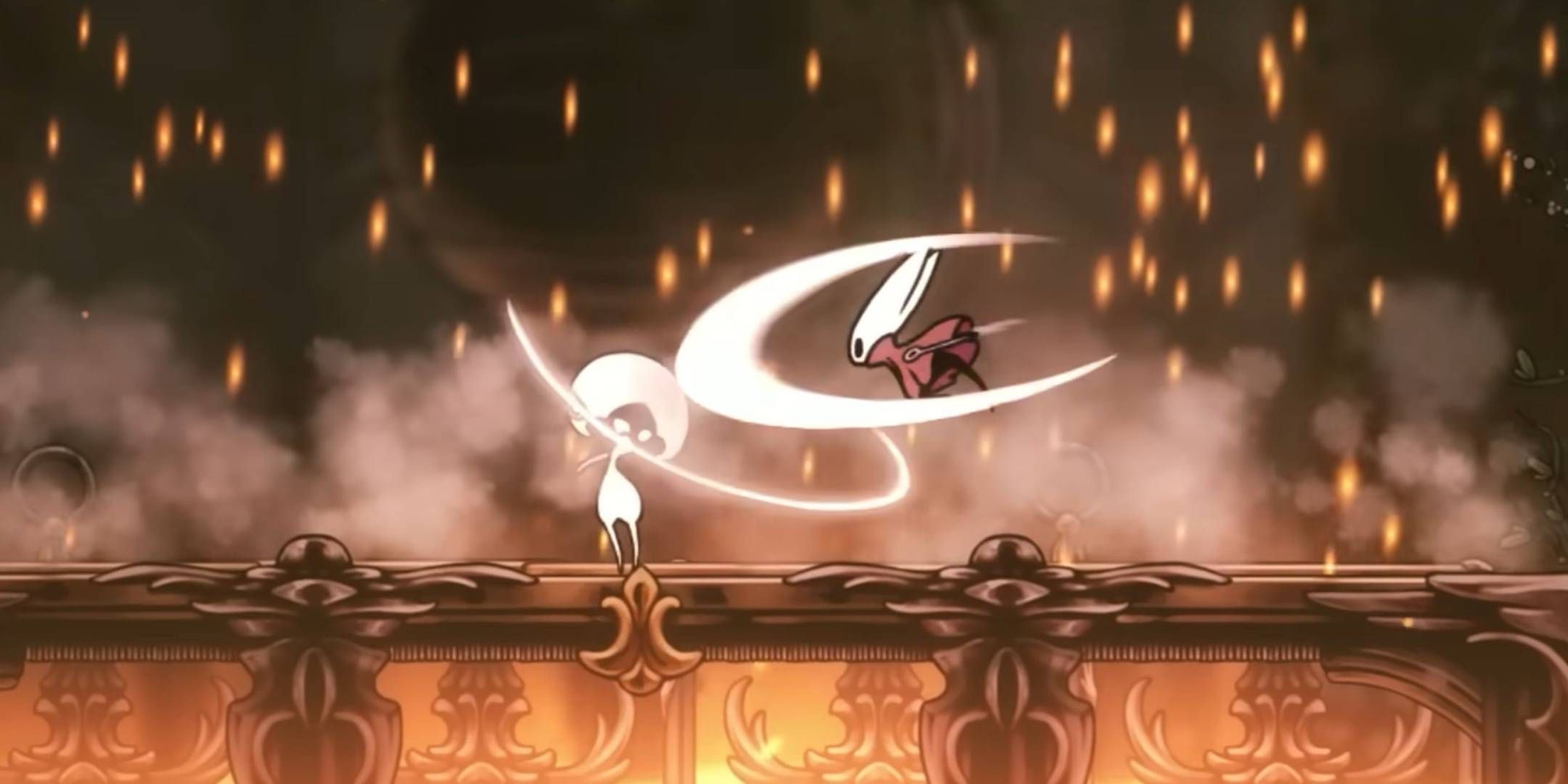Hornet in Hollow Knight: Silksong melawan bos putih.