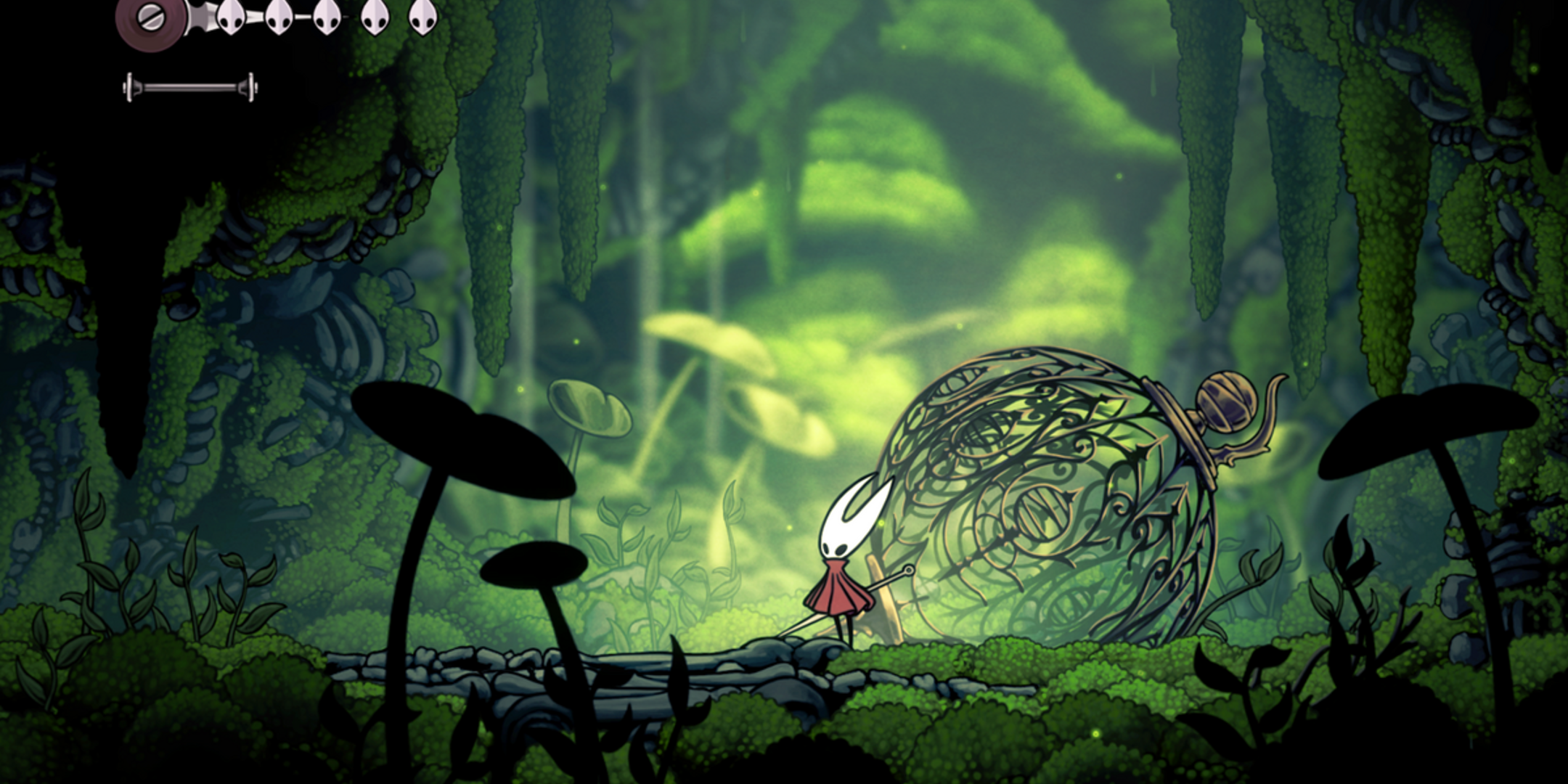 Hornet de Hollow Knight Silksong em pé em um bosque.
