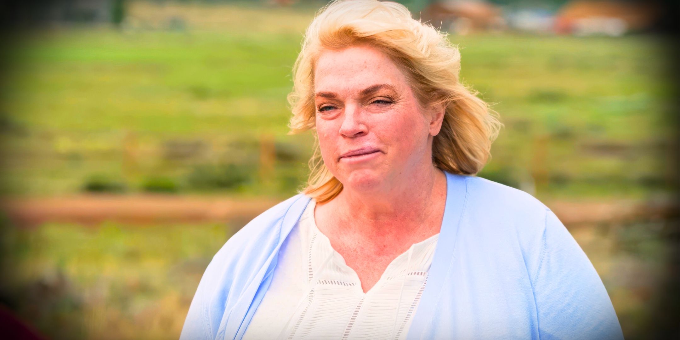 Sister Wives Janelle Brown in a still image close up looking solemn