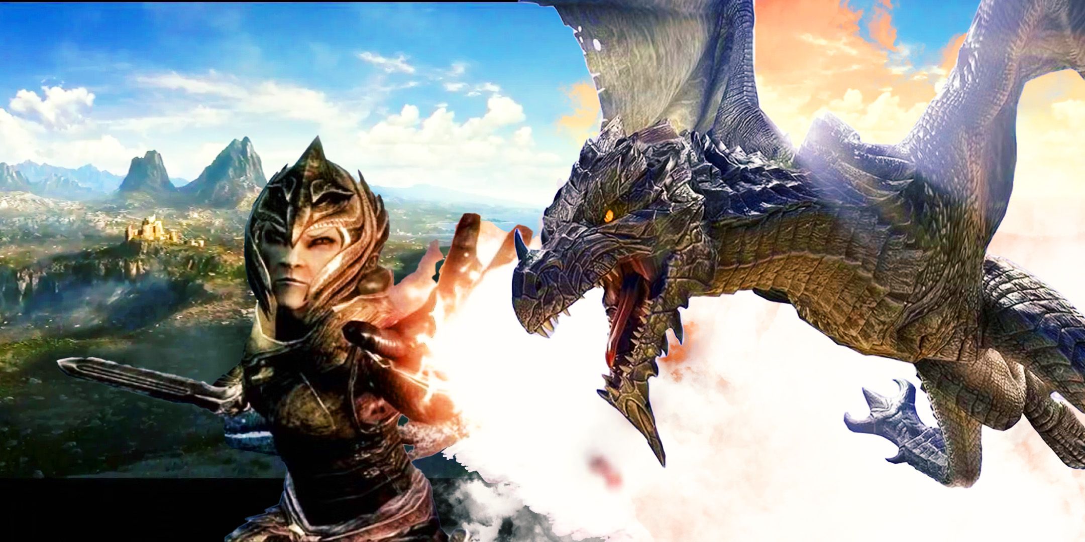 Skyrim character fighting with a dragon in front of the ES6 trailer