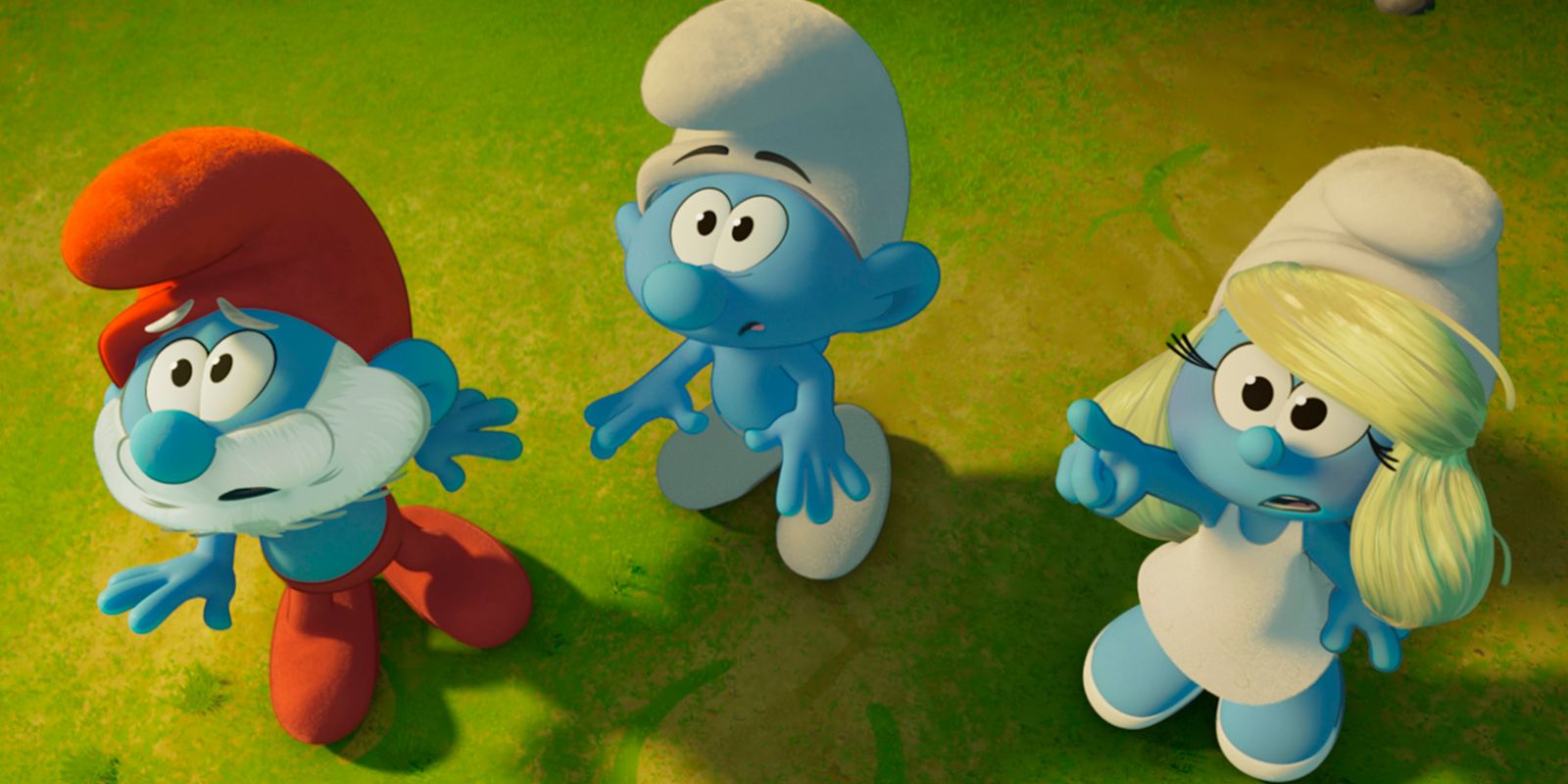 Papa Smurf, No Name, and Smurfette looking up in terror in Smurfs 2025