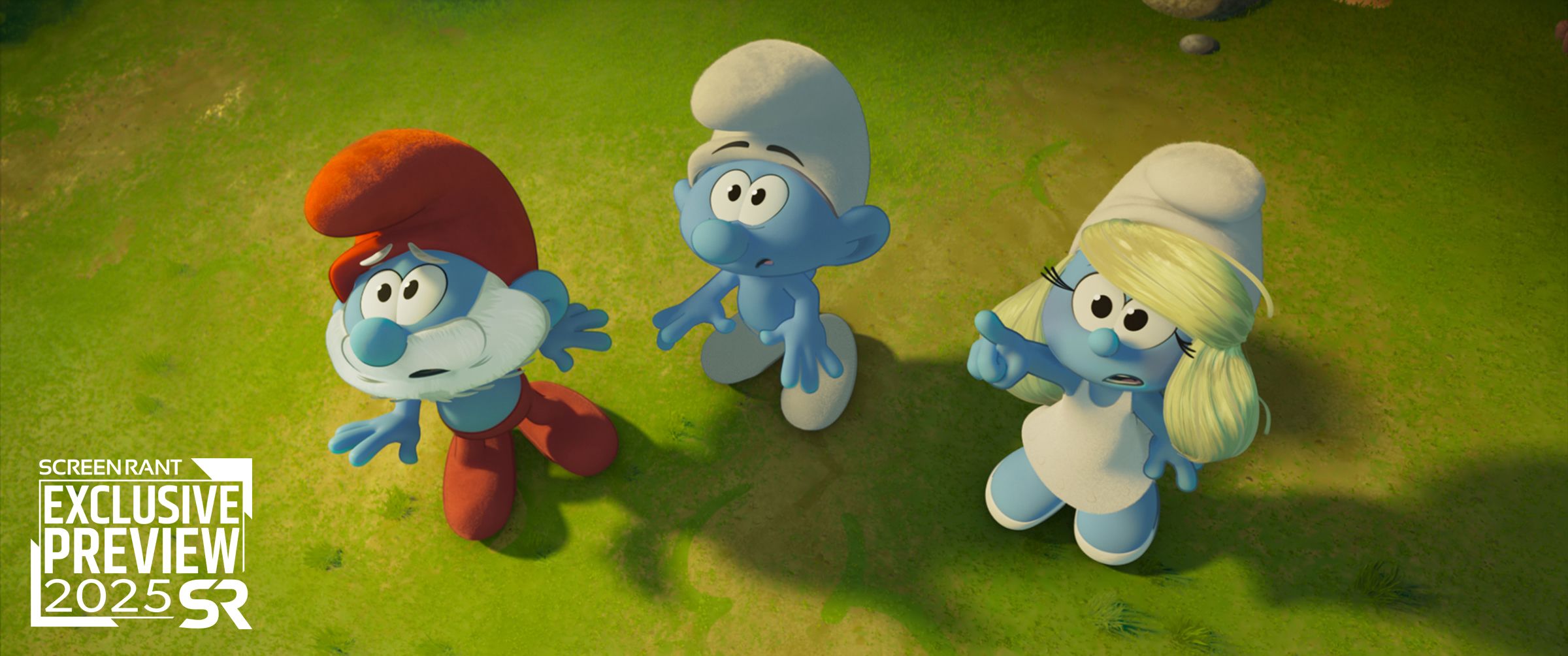 Papa Smurf, No Name, and Smurfette looking up in terror in Smurfs 2025