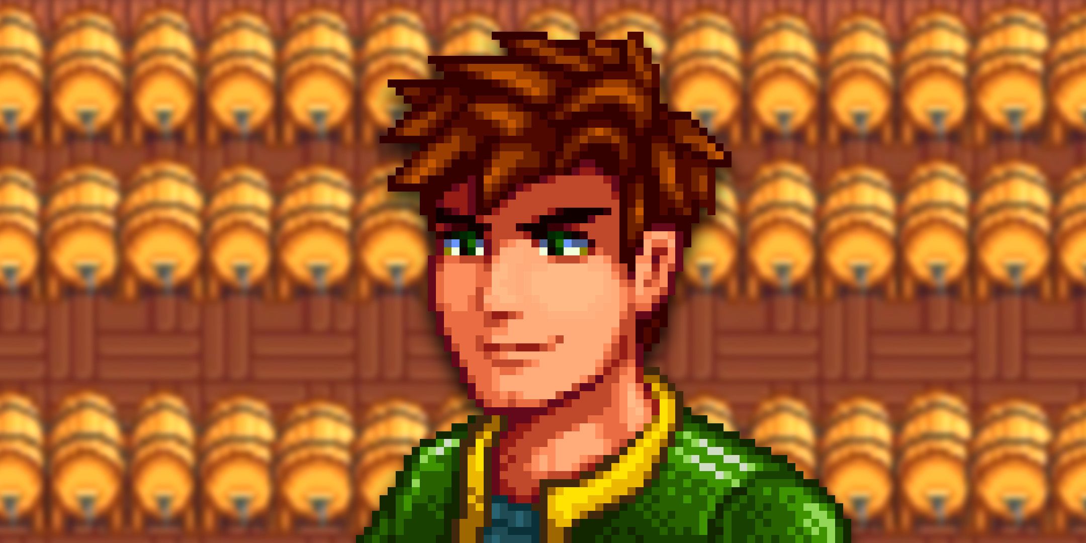 Stardew Valley Alex in front of casks