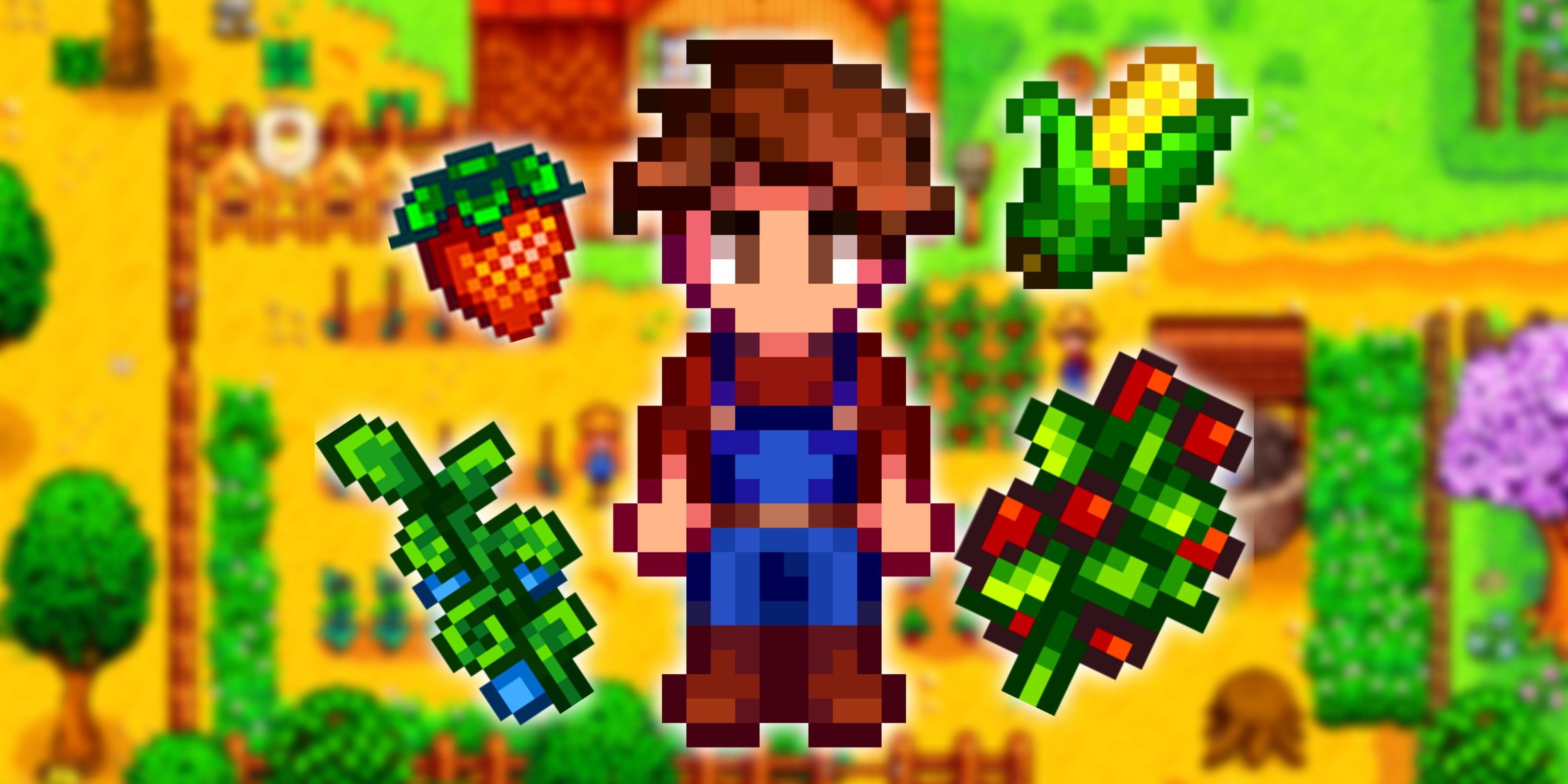 Stardew Valley farmer with various crops hovering around him