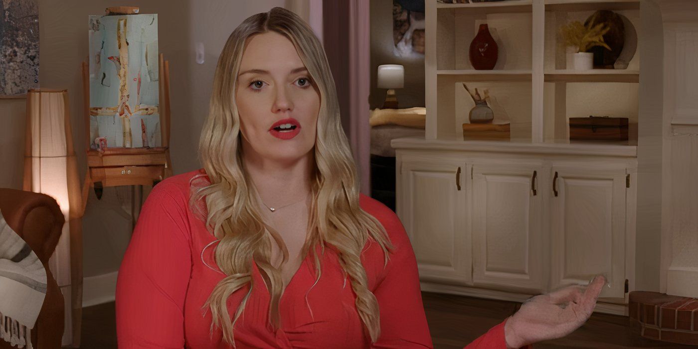 Stevi Nicole in 90 Day Fiance in red dress during confessional