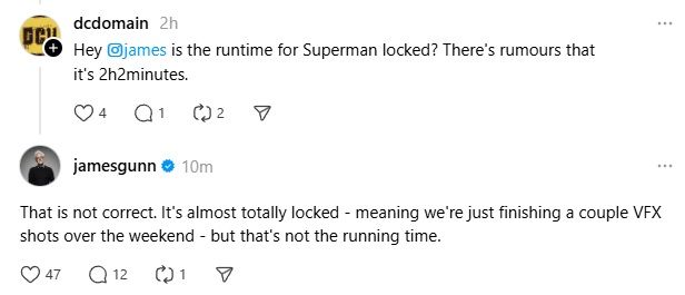 Superman Runtime Addressed by James Gunn on Threads