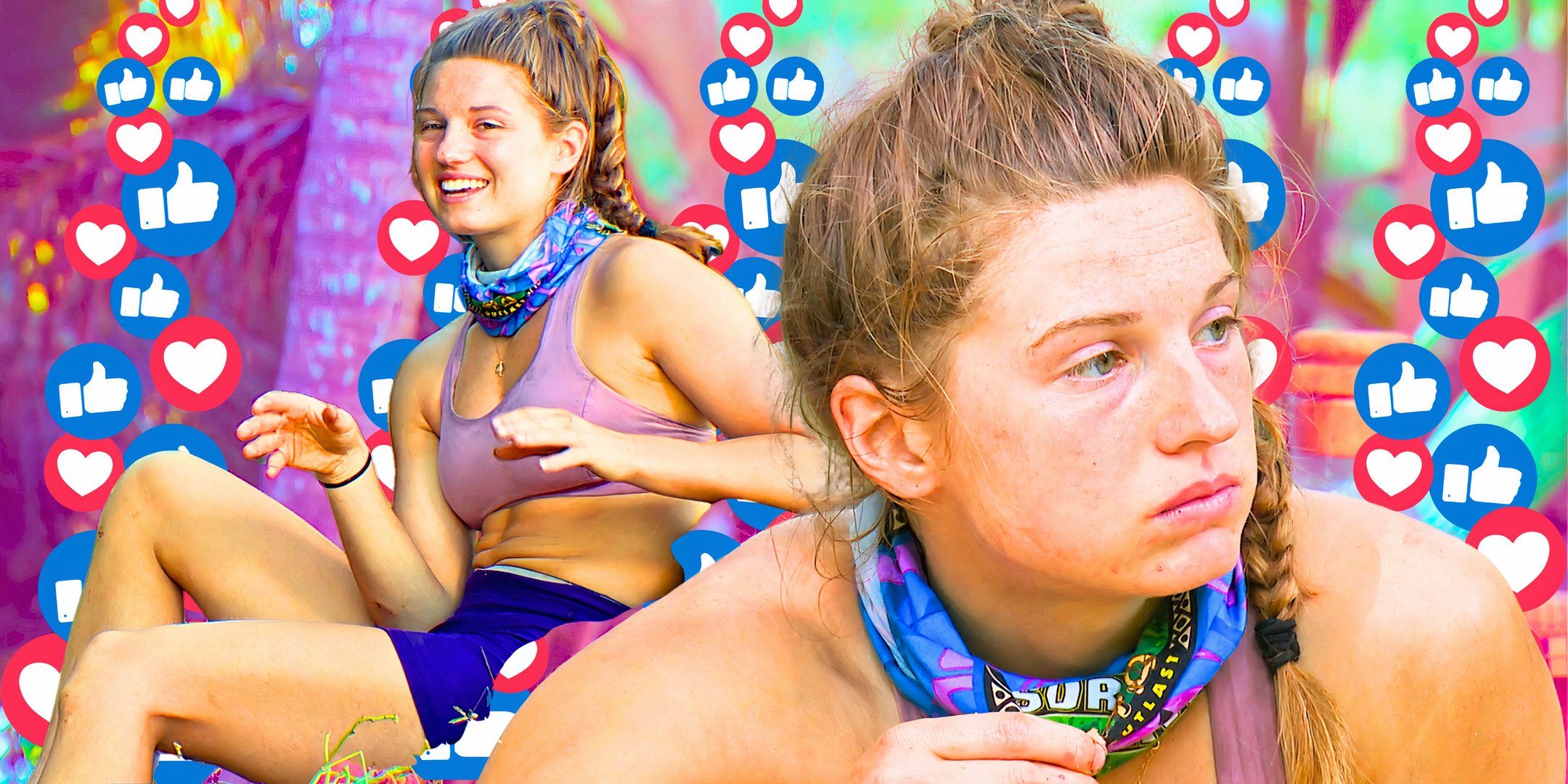survivor season 46 star eva erickson in two serious poses with like and love emojis