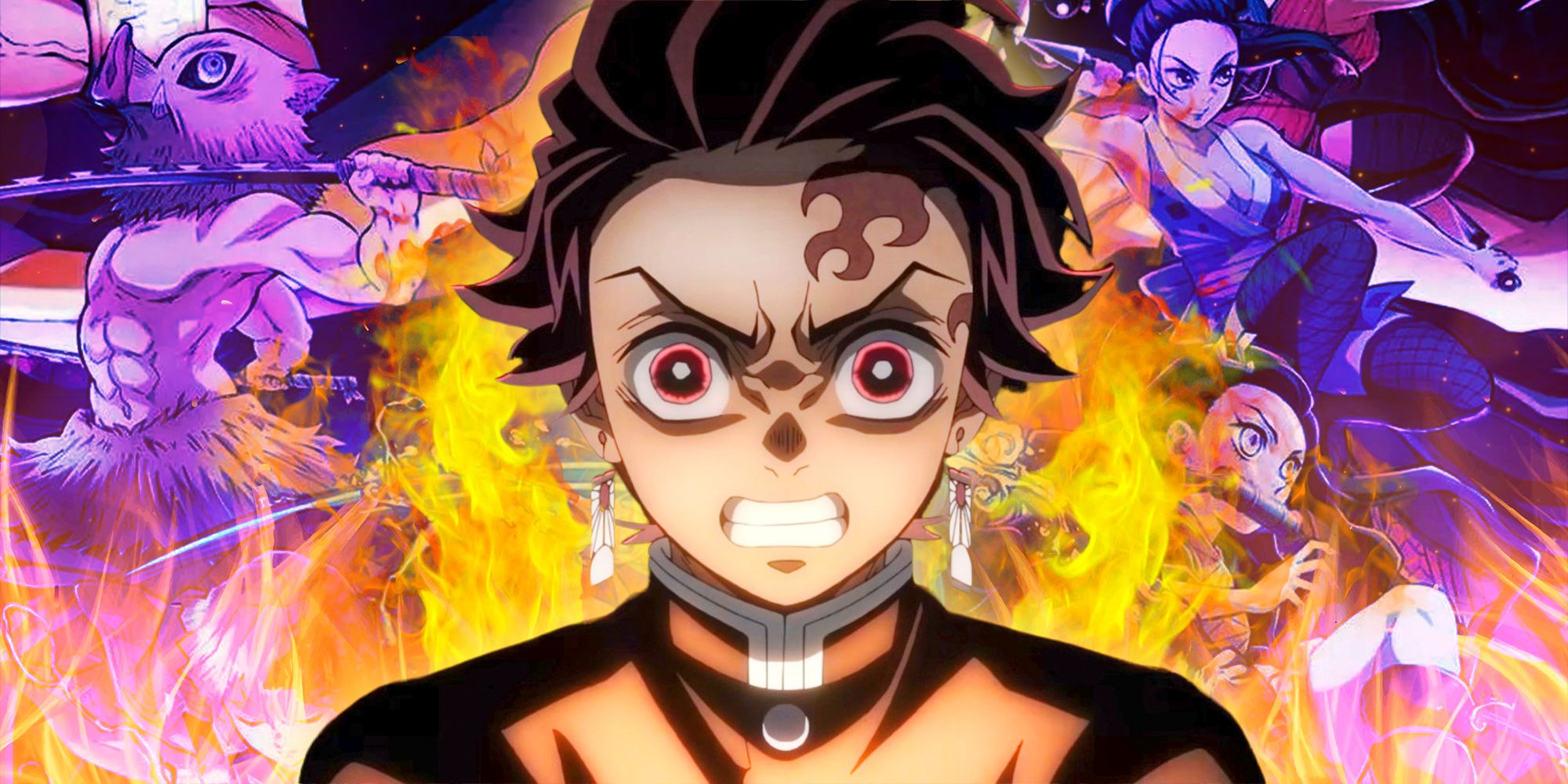 Tanjiro looking mad and Demon Slayer imagery