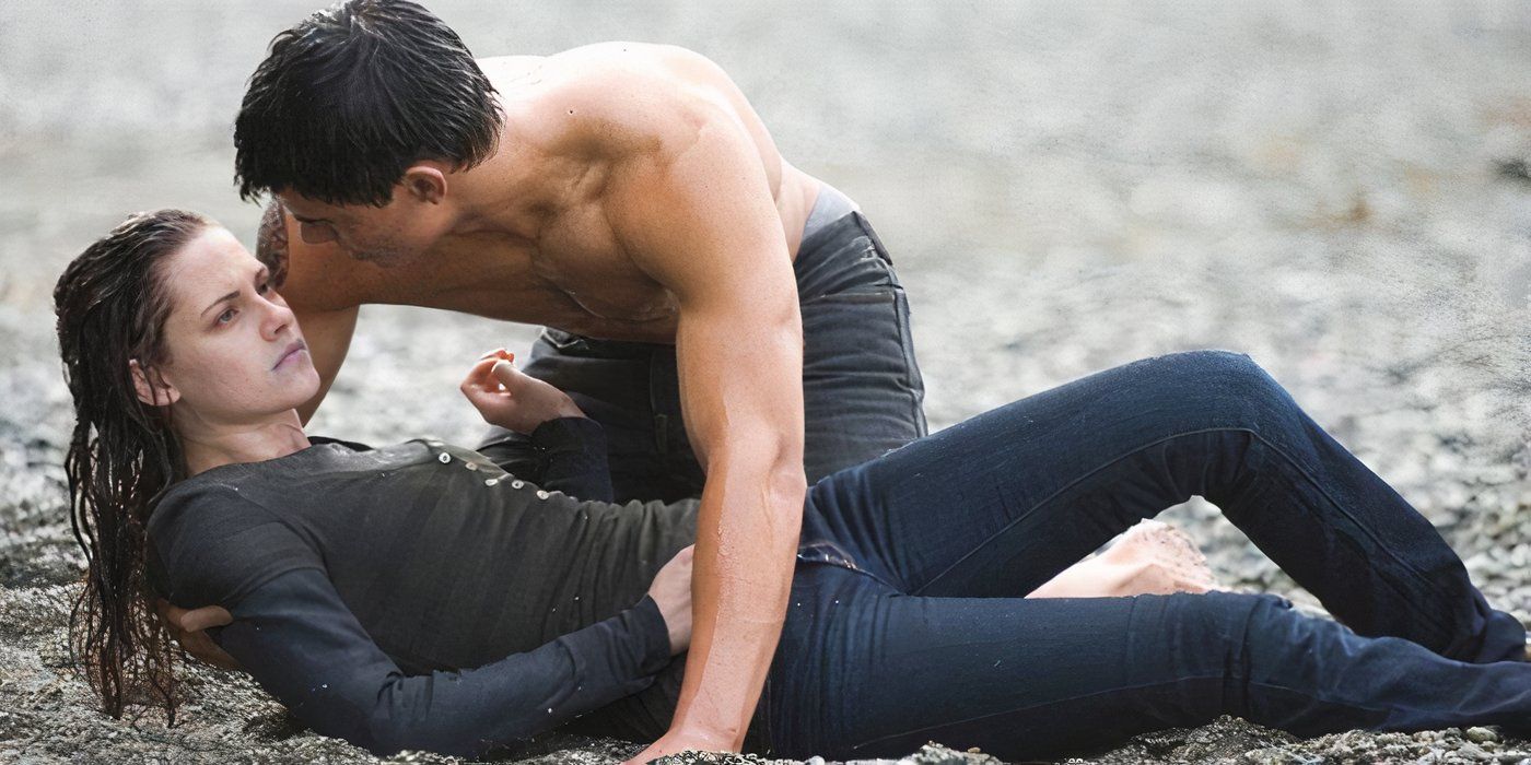 Taylor Lautner as Jacob saves Kristen Stewart as Bella in Twilight New Moon