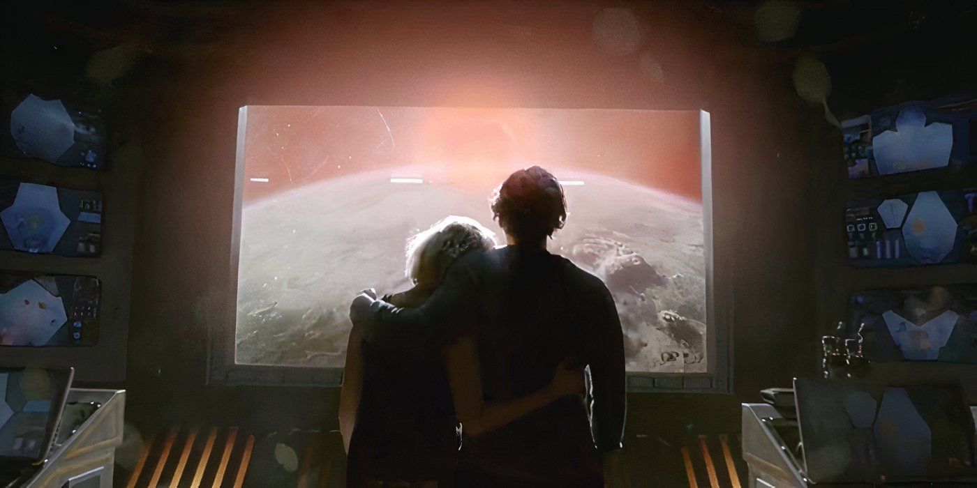 Eliza Taylor as Clarke Griffin and Bob Morely as Bellamy Blake standing in front of a window in The 100 season 5 finale