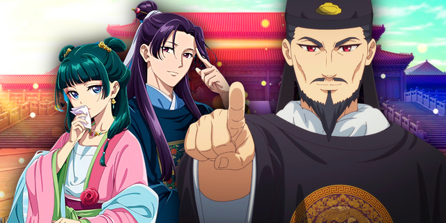 The Apothecary Diaries - Jinshi and Maomao next to the Emperor pointing with the Shrine of Choosing behind them