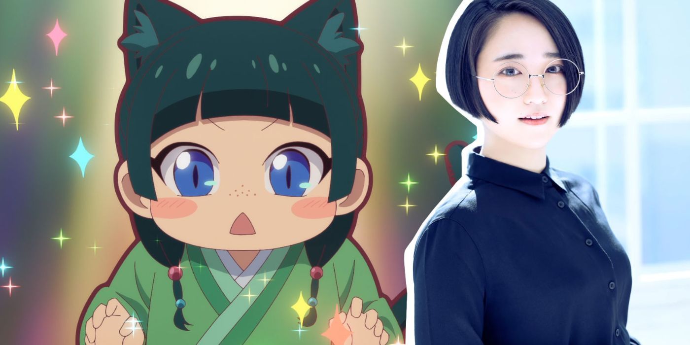 The Apothecary Diaries - Maomao with cat ears and sparkles next to her voice actor Aoi Yuki