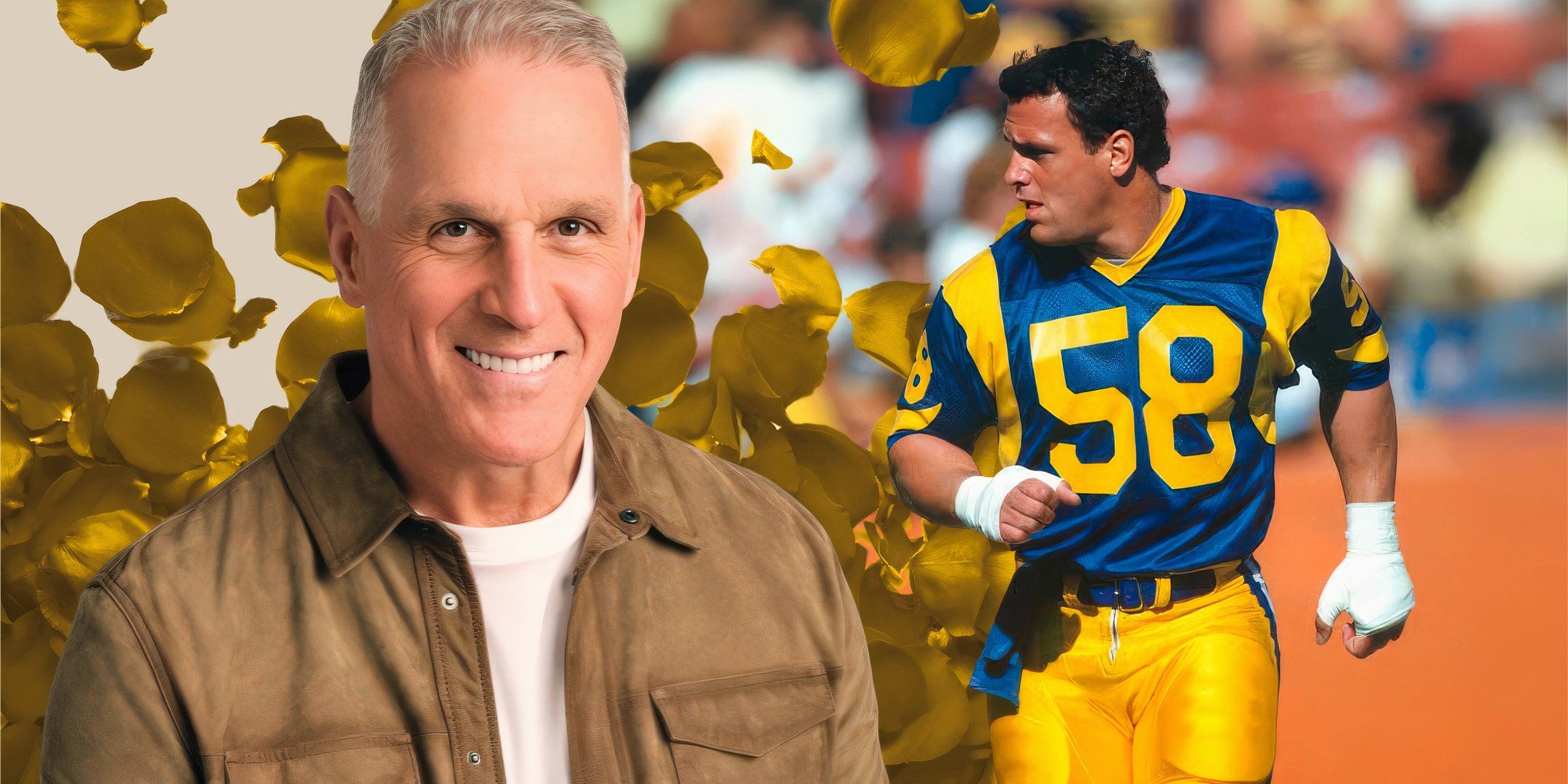 the golden bachelor star mel owens in a brown shirt with another pic of younger Mel in his football uniform