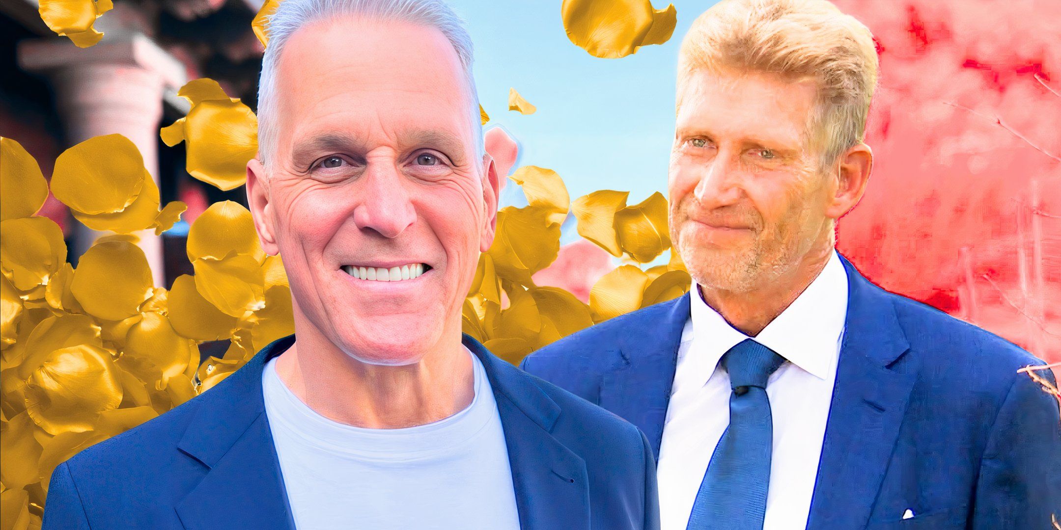 the golden bachelor stars mel owens and gerry turner with both smiling in montage with gold rose petals