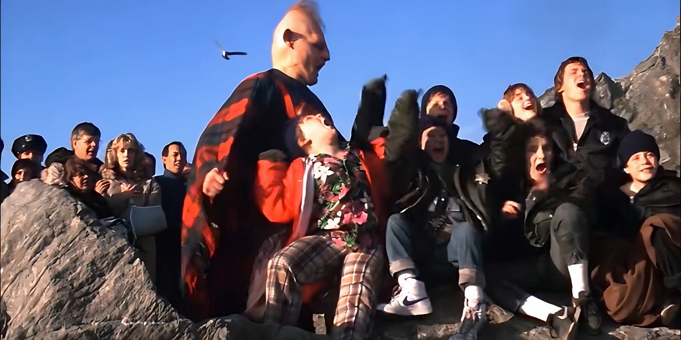 The Goonies celebrating at the end of the movie