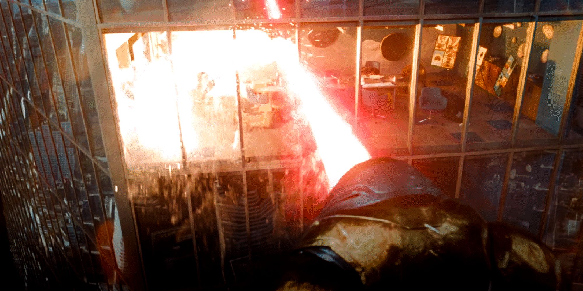 The Hammer of Boravia shoots a laser from their helmet in Superman