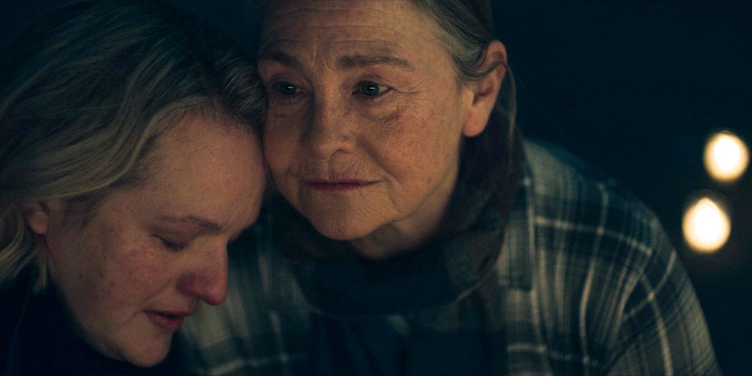 June (Elisabeth Moss) resting her head on Holly’s (Cherry Jones) shoulder in The Handmaid's Tale Season 6 Ep 10