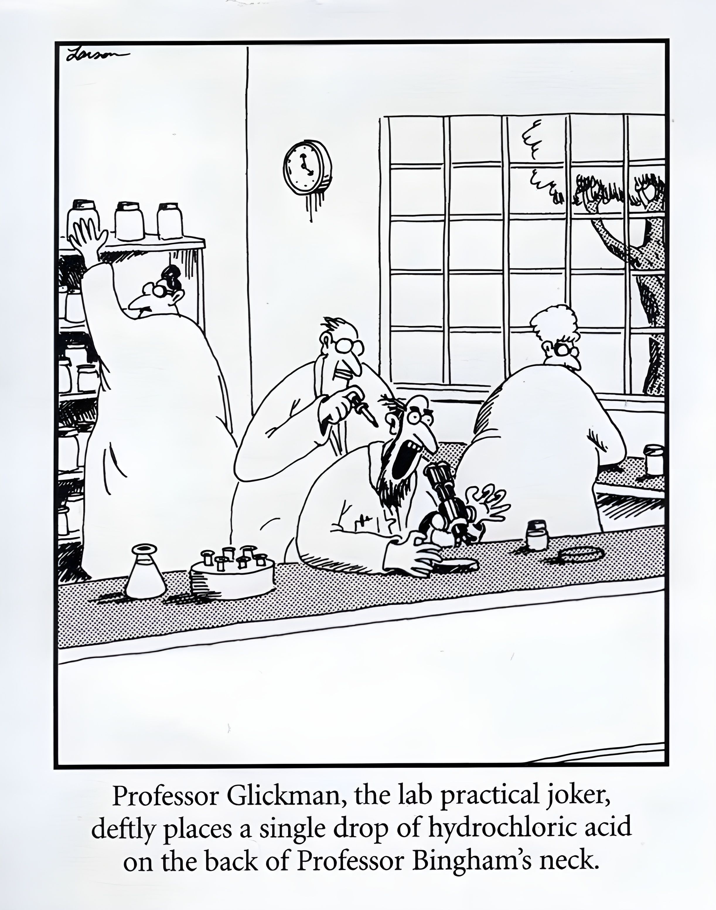 A scientist drips hydrochloric acid on one of his collegues