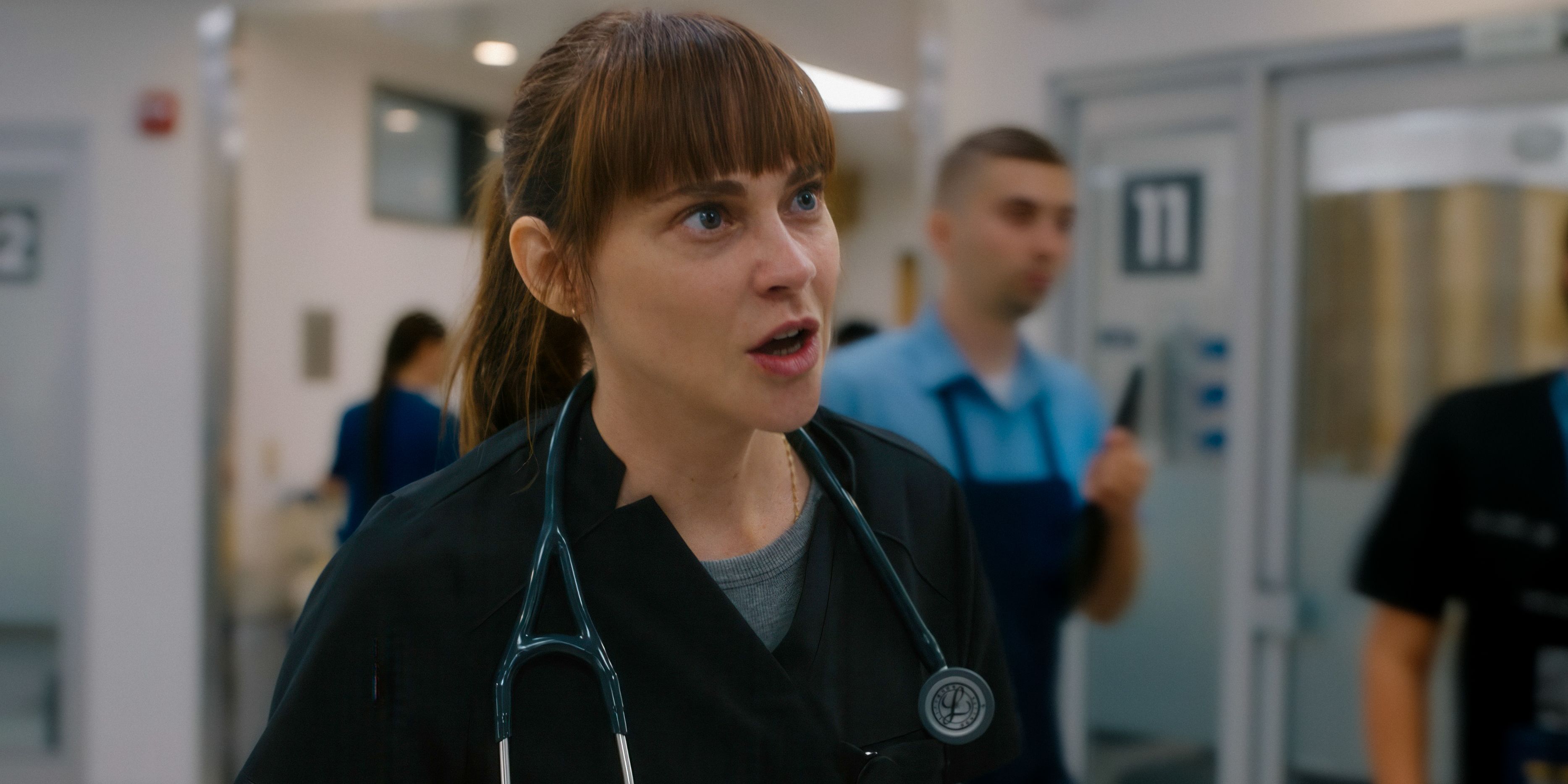 Dr. McKay (Fiona Dourif) looking shocked in The Pitt Season 1