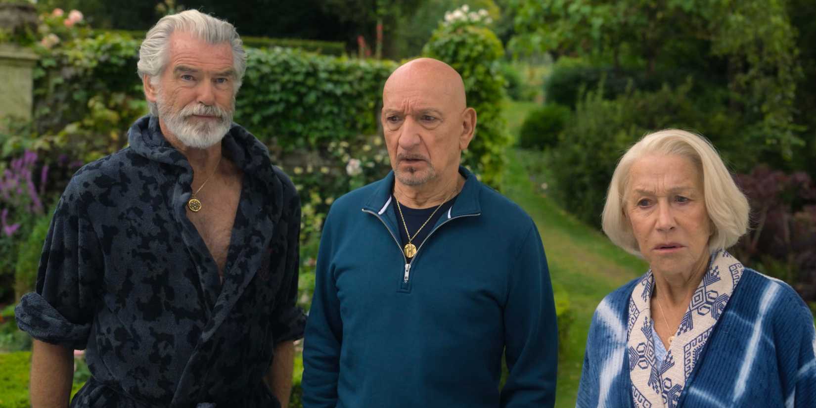 Pierce Brosnan, Ben Kingsley, and Helen Mirren looking stunned in The Thursday Murder Club