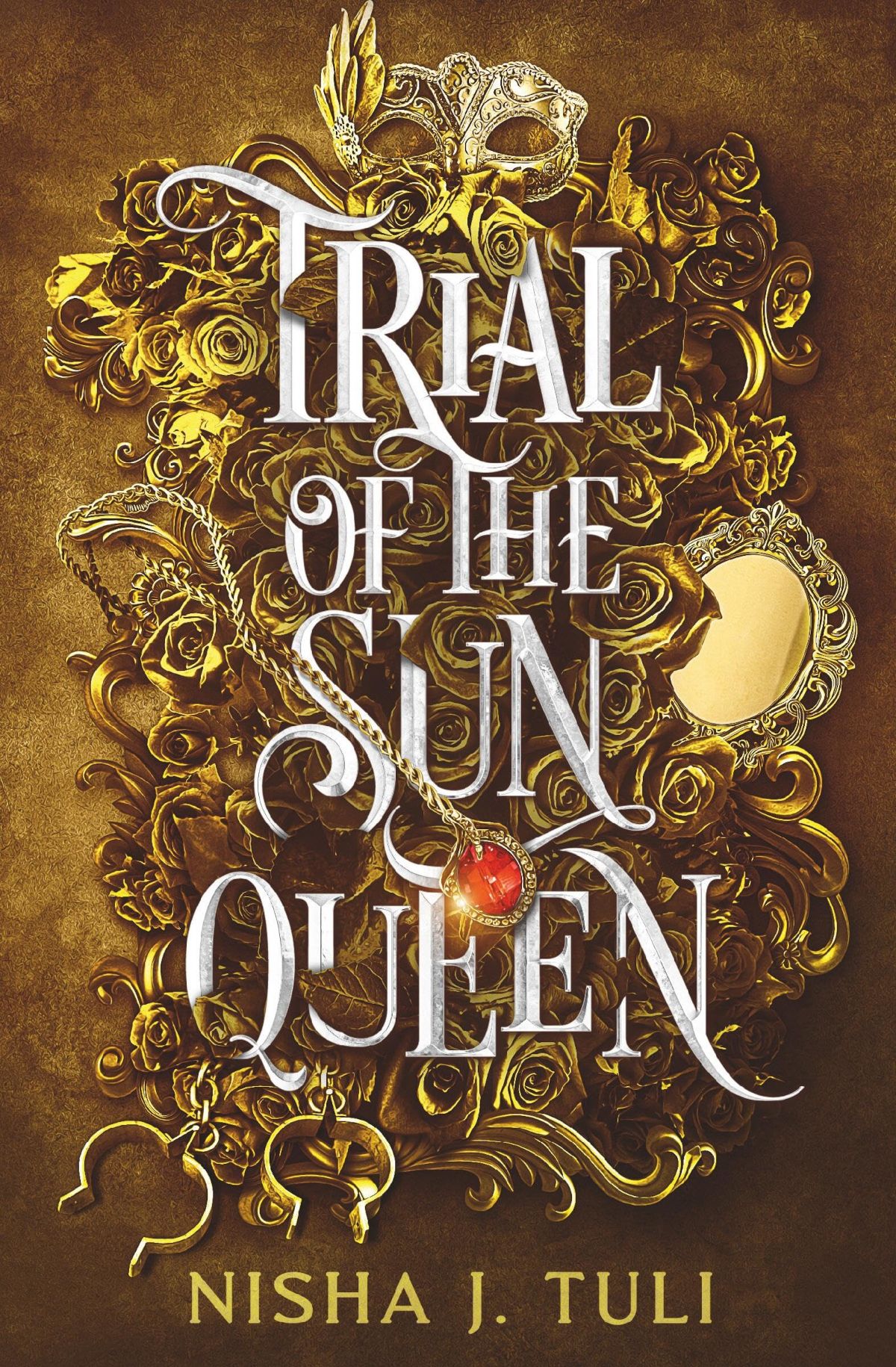 The Trial of the Sun Queen cover featuring the title text in white, golden chains and jewels, and a golden background
