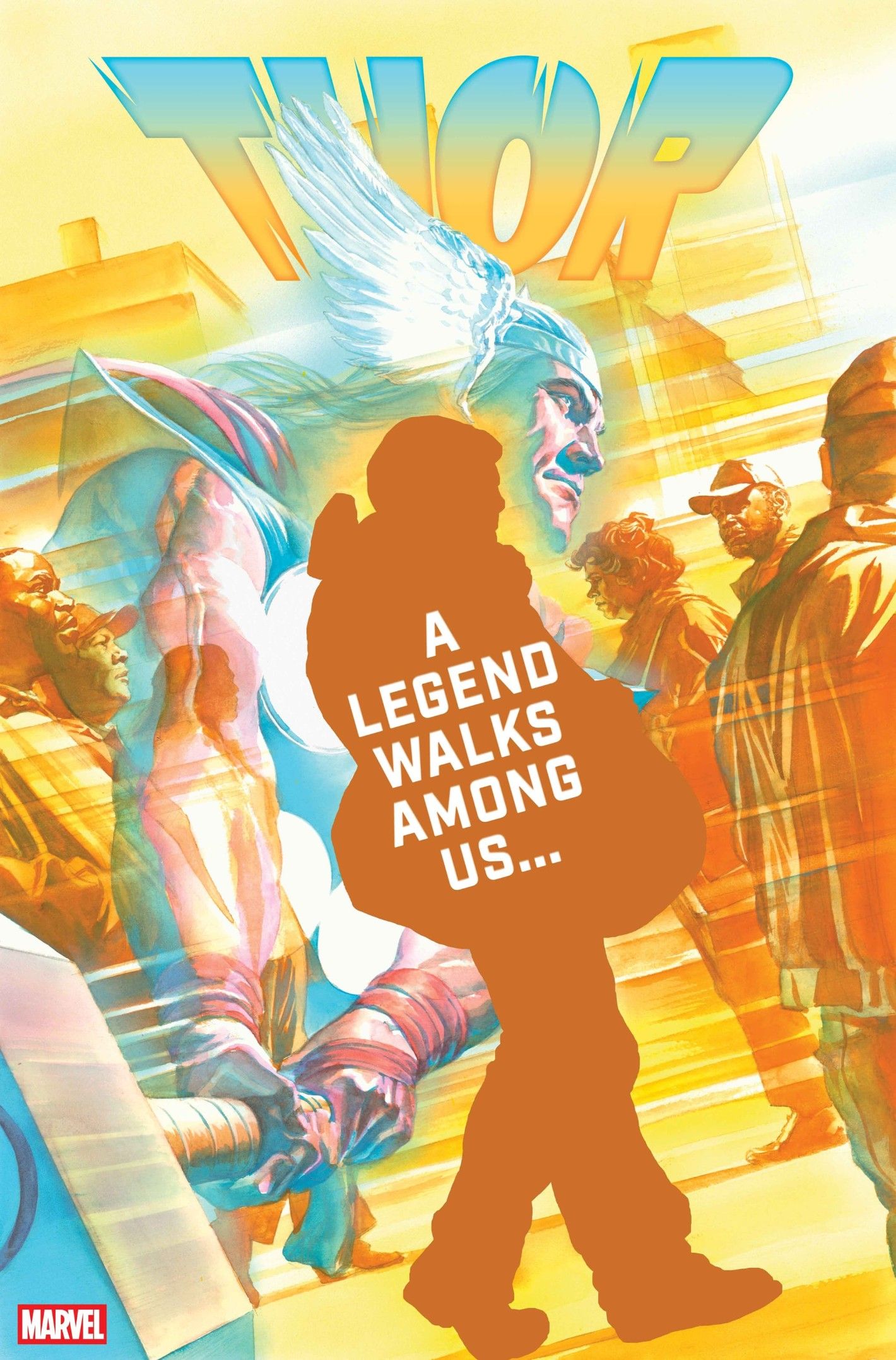 Copertina di Thor #1, silhouette di una figura con il testo 'A Legend Walks Among Us...'