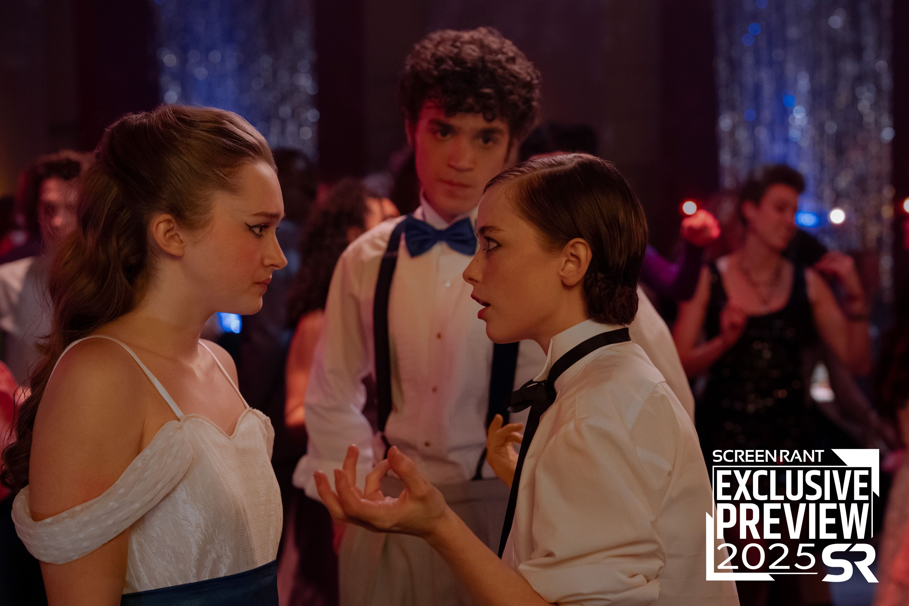 Three students looking worried at the dance in Fear Street: Prom Queen