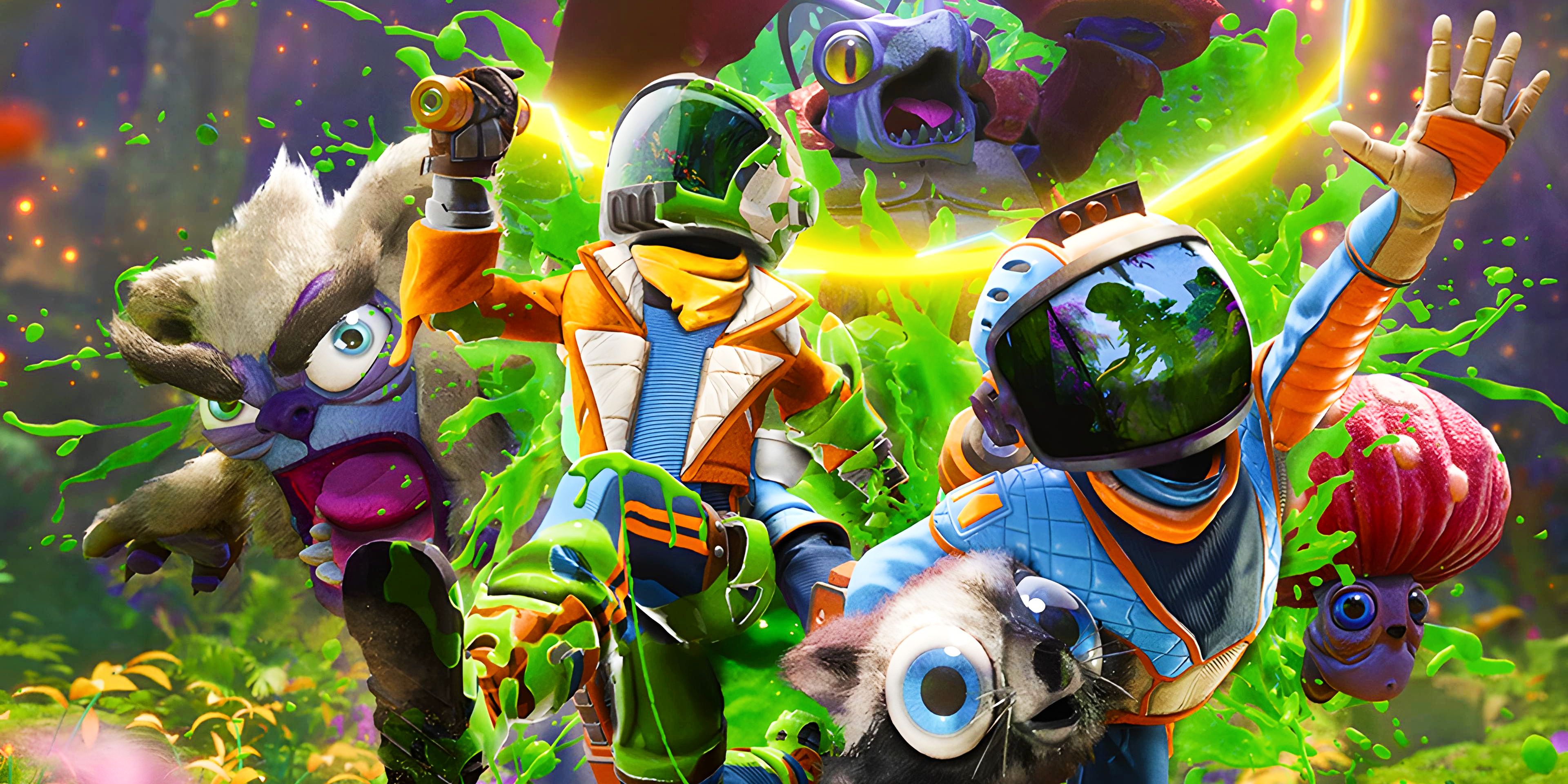 Two player characters from Revenge of the Savage Planet in space suits running from a variety of different alien monsters, surrounded by a splatter of green slime.