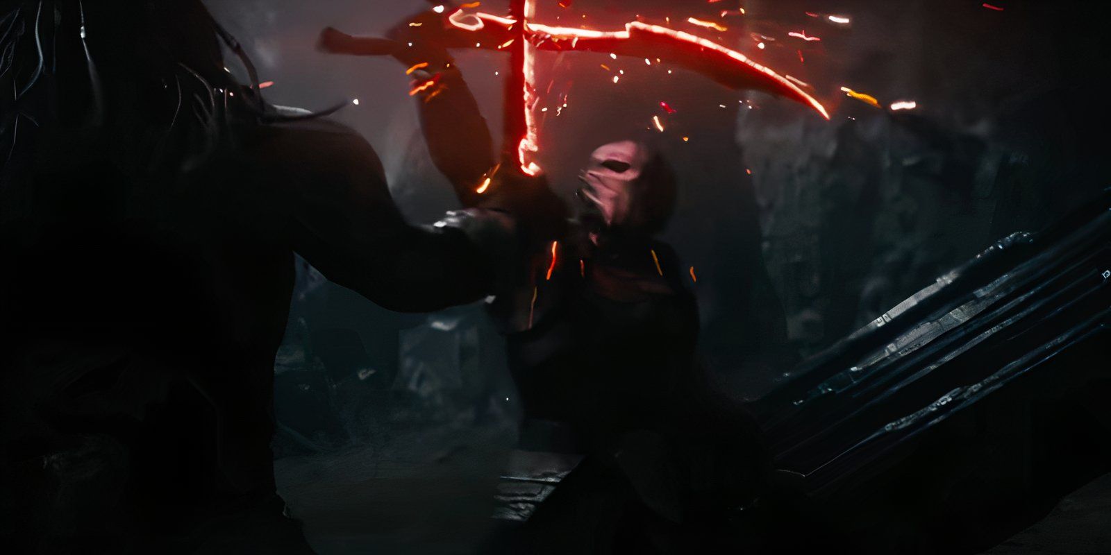 Two Predators fighting with laser-edged swords in Predator Badlands