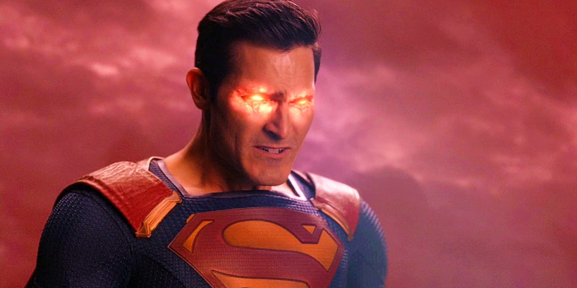 Tyler Hoechlin As Superman Flying In A Red Sky His Eyes Smoldering With Heat Vision In Crisis On Infinite Earths