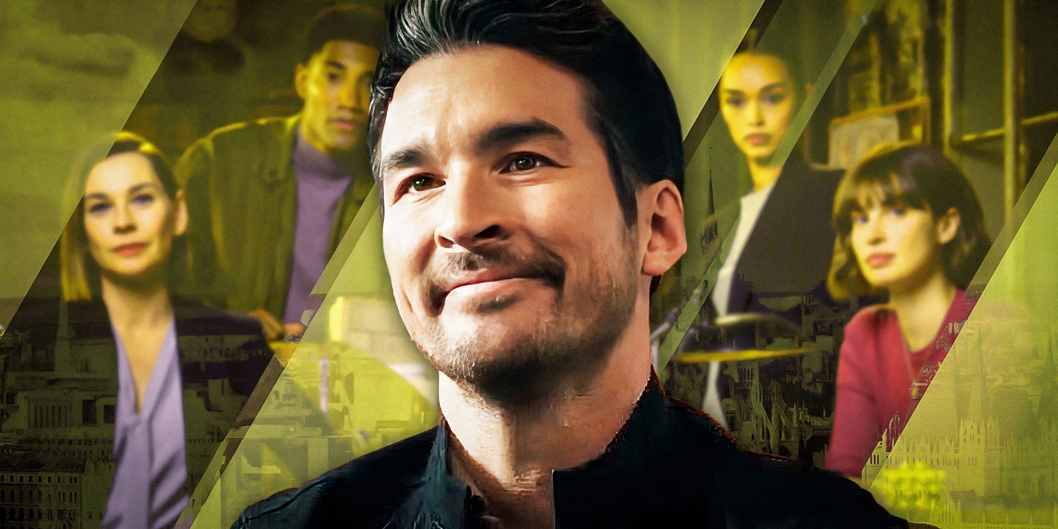 Jay Hayden as Tyler Booth in FBI: International on a background of other characters