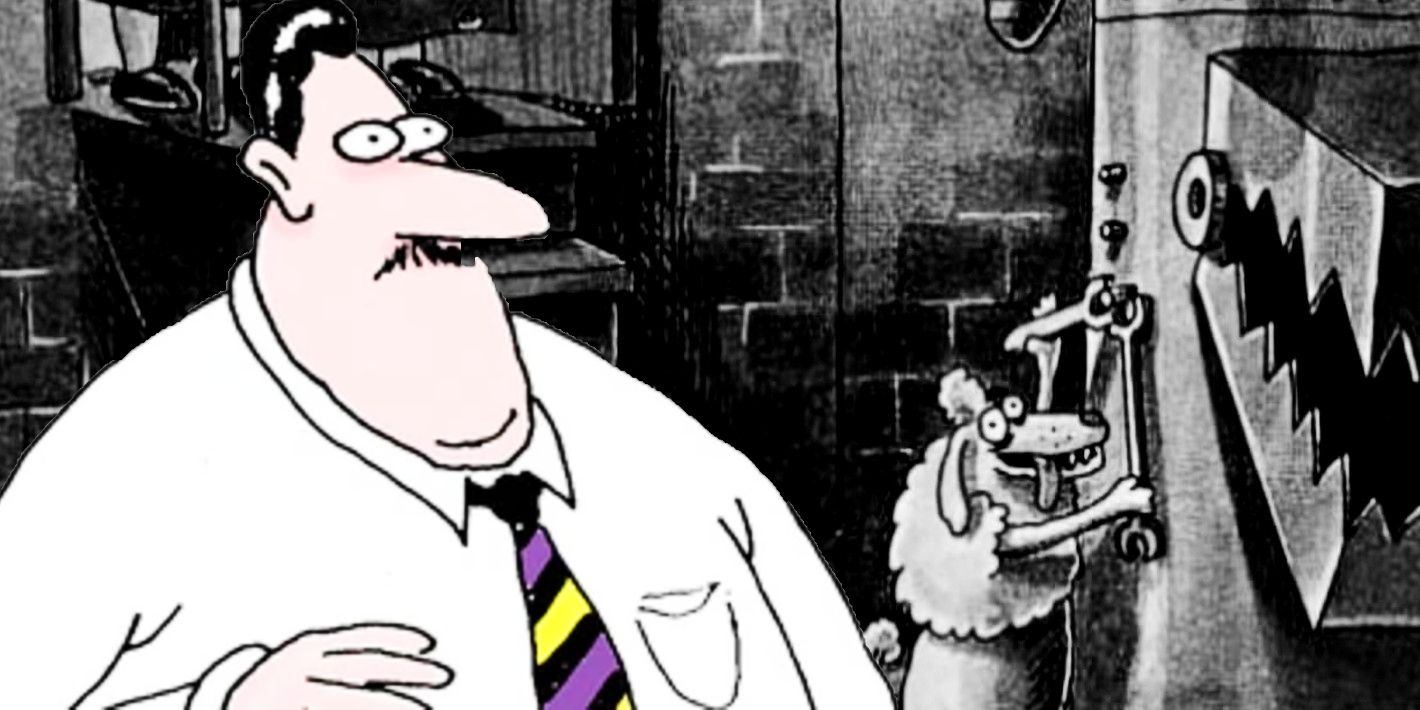 Far Side man looking surprised (foreground) as a poodle builds a murder robot (background)