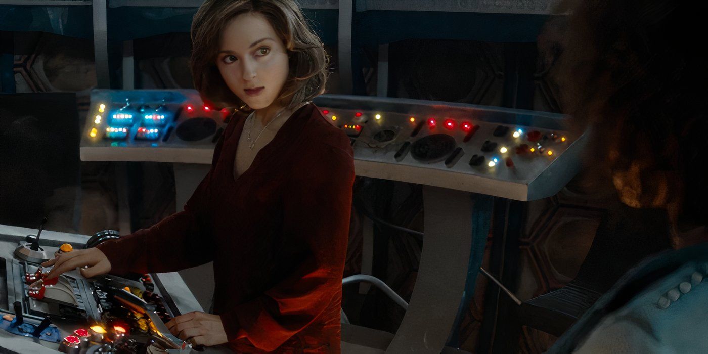 Heather pilotando la TARDIS mientras habla con Bill en el episodio de Doctor Who "El doctor cae."
