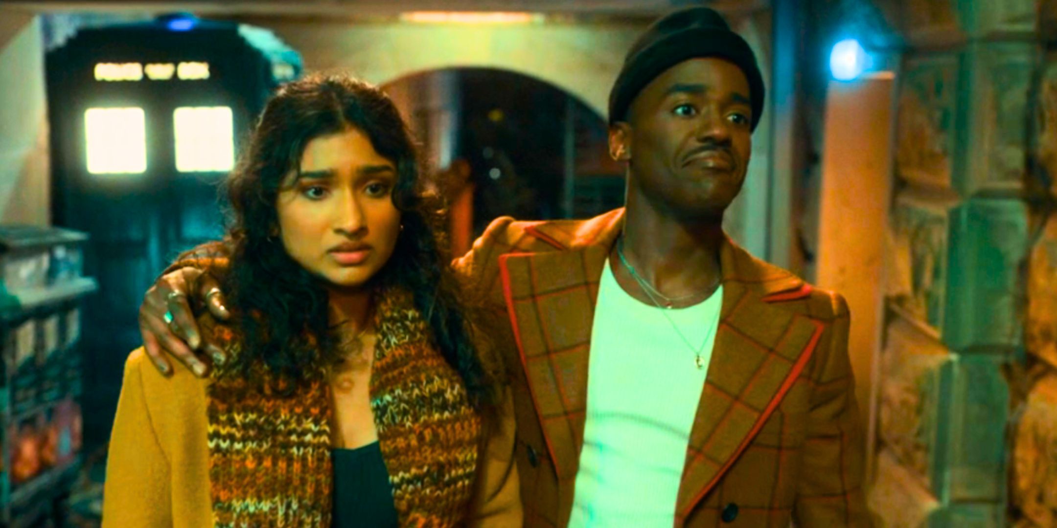 Ncuti Gatwa with his arm around Varada Sethu&rsquo;s Belinda Chandra in Doctor Who