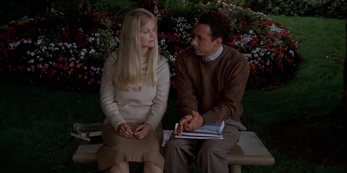 Luiggi Debiasse as Young Adrian and Lindy Newton as Young Trudy talking on a bench during a flashback scene in the Monk episode "Mr. Monk and the Class Reunion."