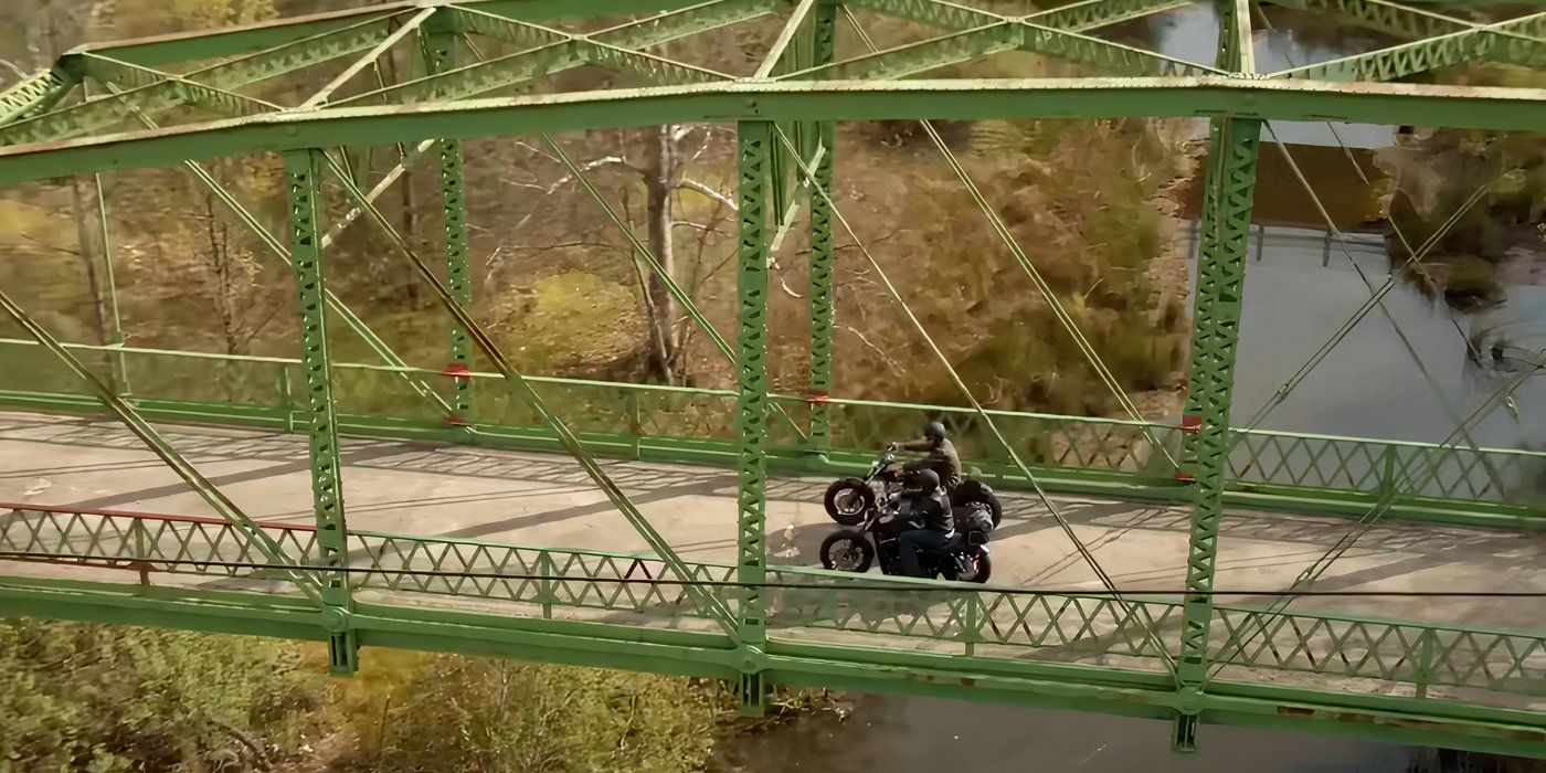 House and Wilson riding their motorcycles over a green bridge in the House series finale.