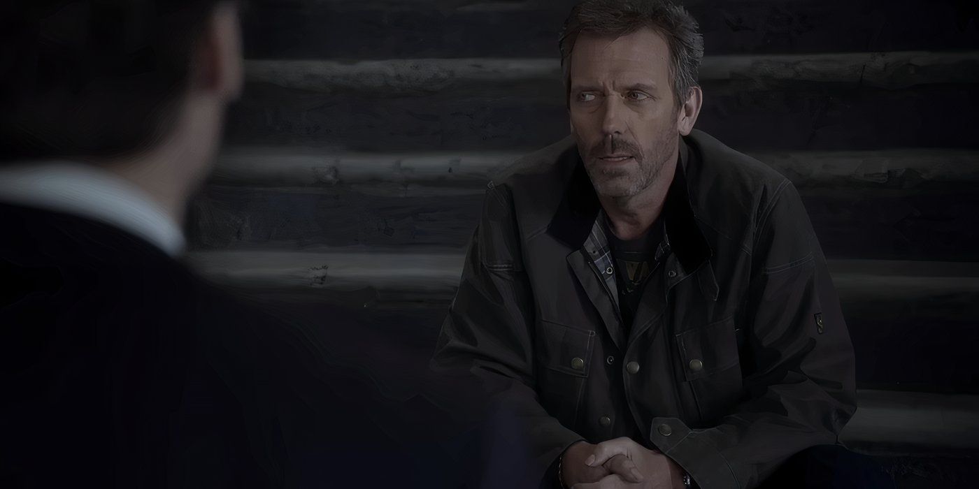 Hugh Laurie as Gregory House sitting on the steps outside a building and talking to Wilson in the House series finale.
