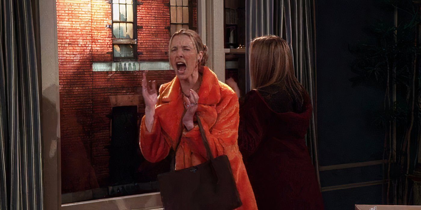 Rachel looking out of Ross' apartment window as Phoebe screams after seeing Monica and Chandler together in the Friends episode "The One Where Everybody Finds Out."